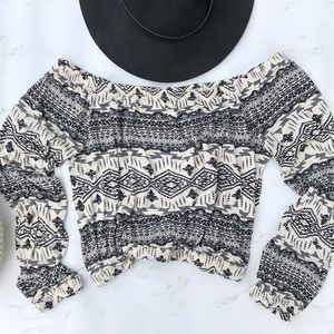Off The Shoulder Geometric Print Long Sleeve Top